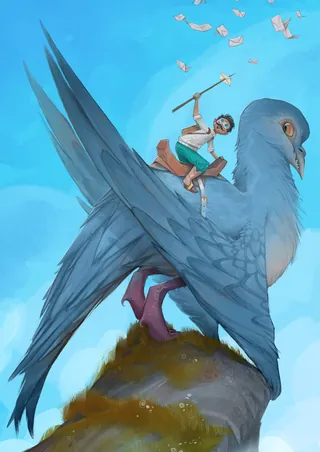 Man with stick riding a large blue bird on a rock with flying papers