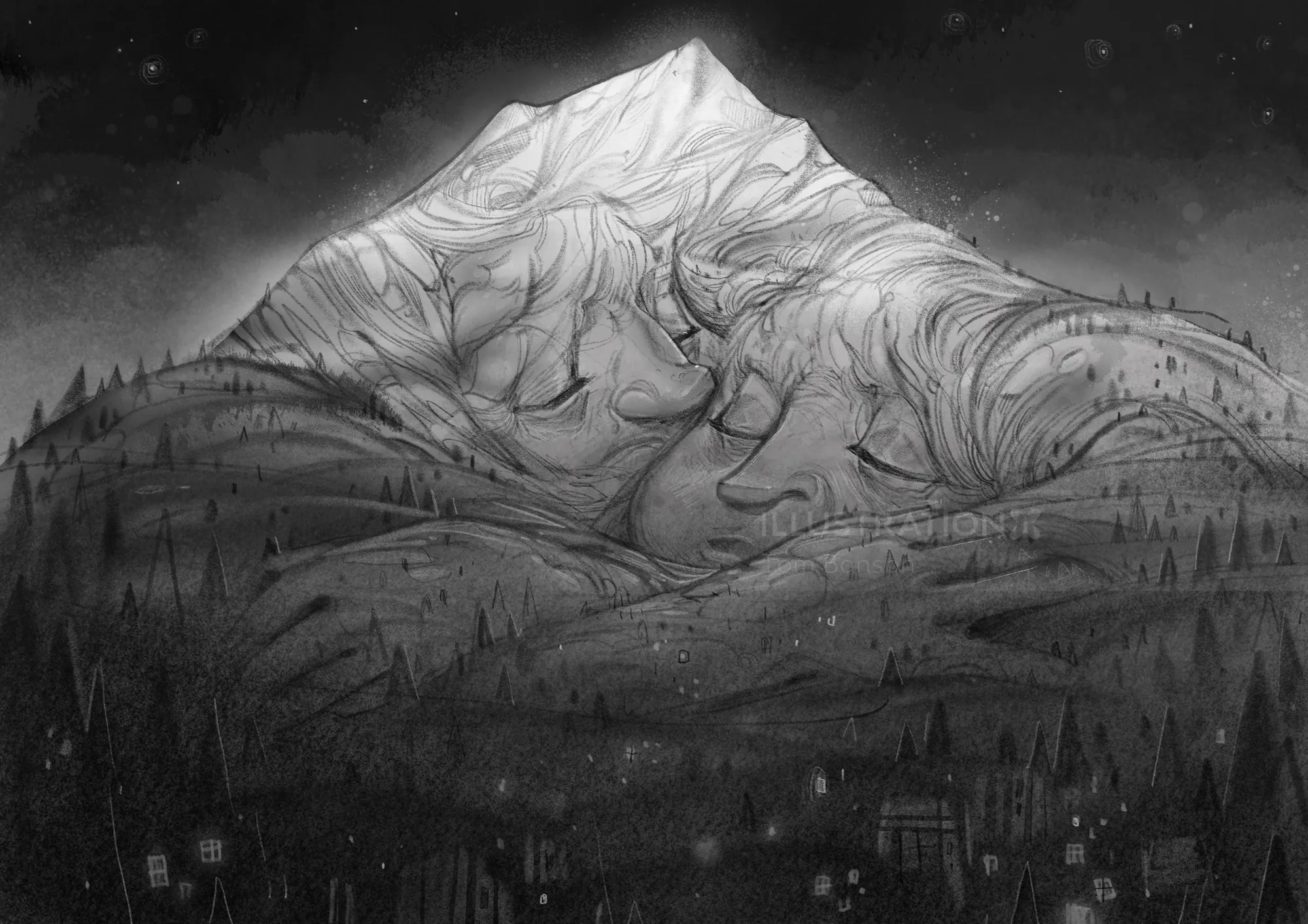 Surreal mountain landscape with human face profiles blended into the terrain