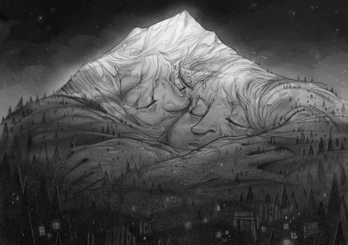 Surreal mountain landscape with human face profiles blended into the terrain