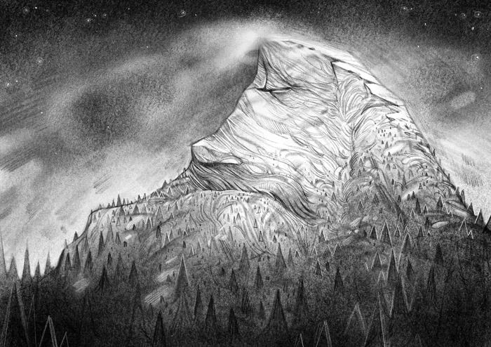 Illustration of a tall rocky mountain above dark pine trees in black and white.
