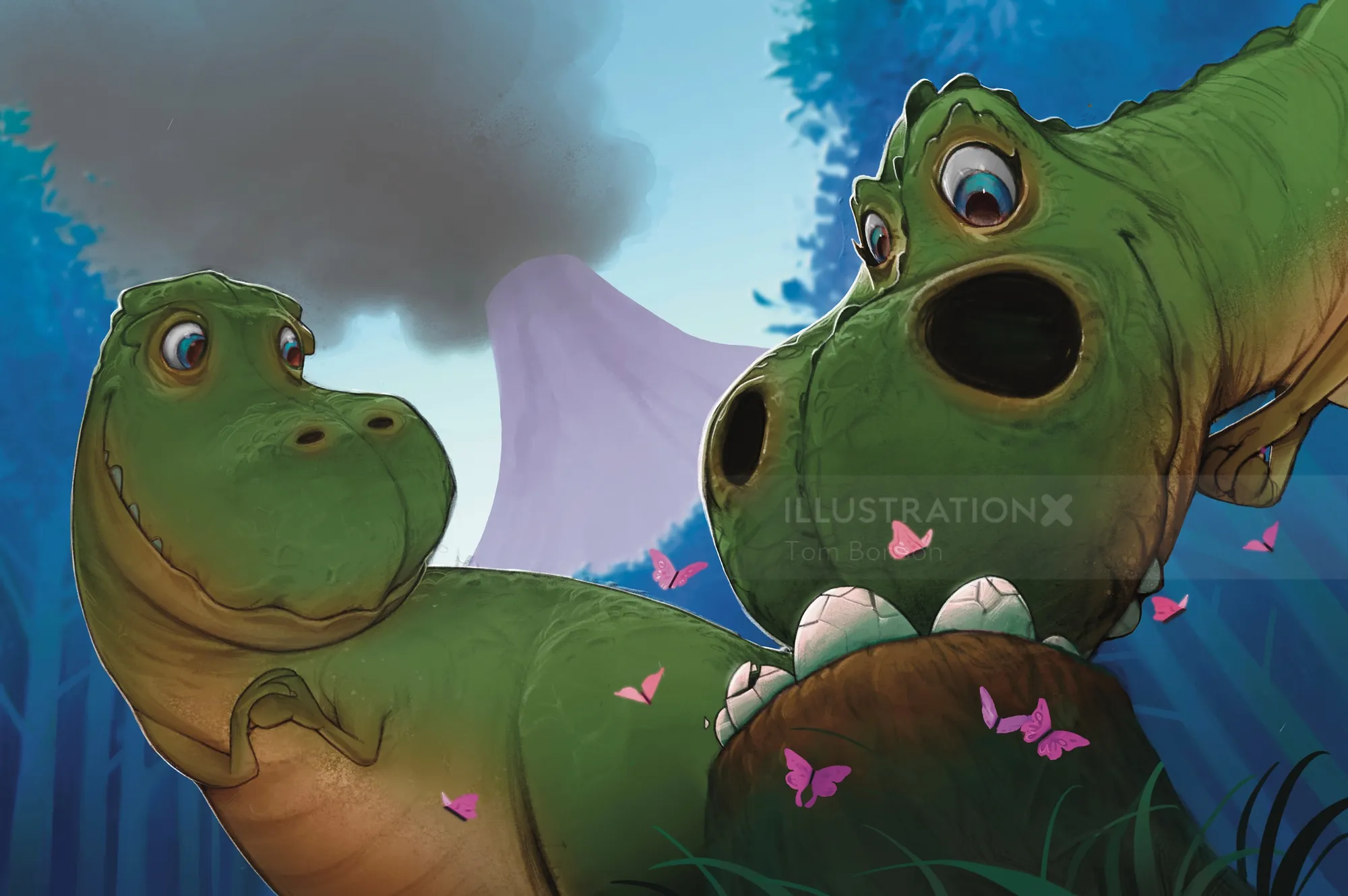 Two green dinosaurs near a volcanic mountain with butterflies