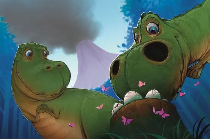 Two green dinosaurs near a volcanic mountain with butterflies