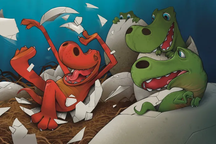 Cartoon dinosaurs hatching from eggs and playing in a nest