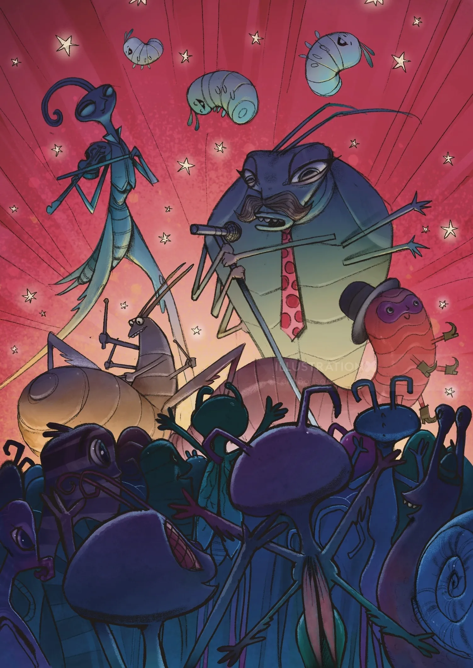 Animated ants interacting with caterpillars in a vibrant setting