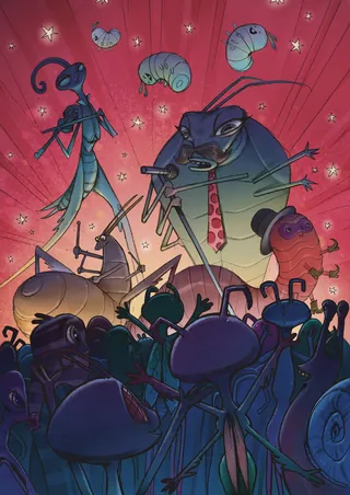 Animated ants interacting with caterpillars in a vibrant setting