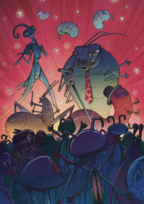 Animated ants interacting with caterpillars in a vibrant setting