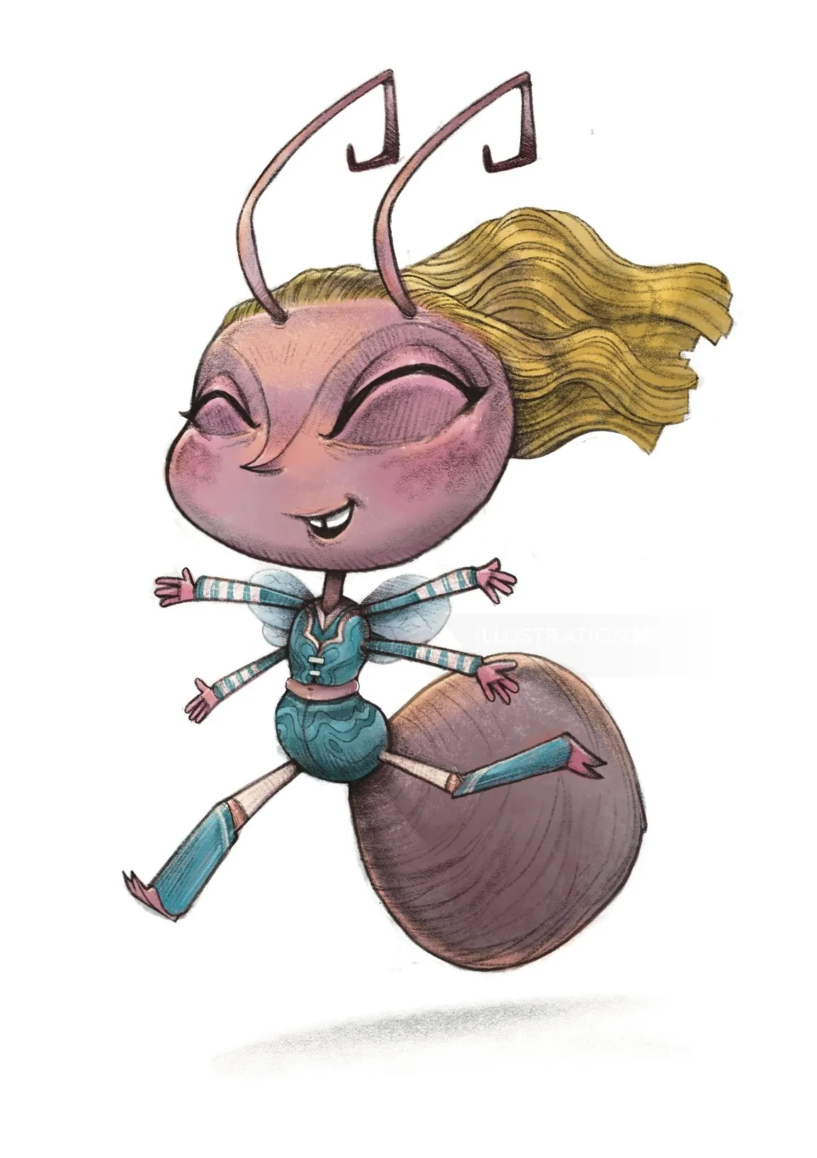 Cartoon ant with blonde hair happily jumping