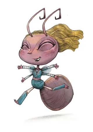Cartoon ant with blonde hair happily jumping