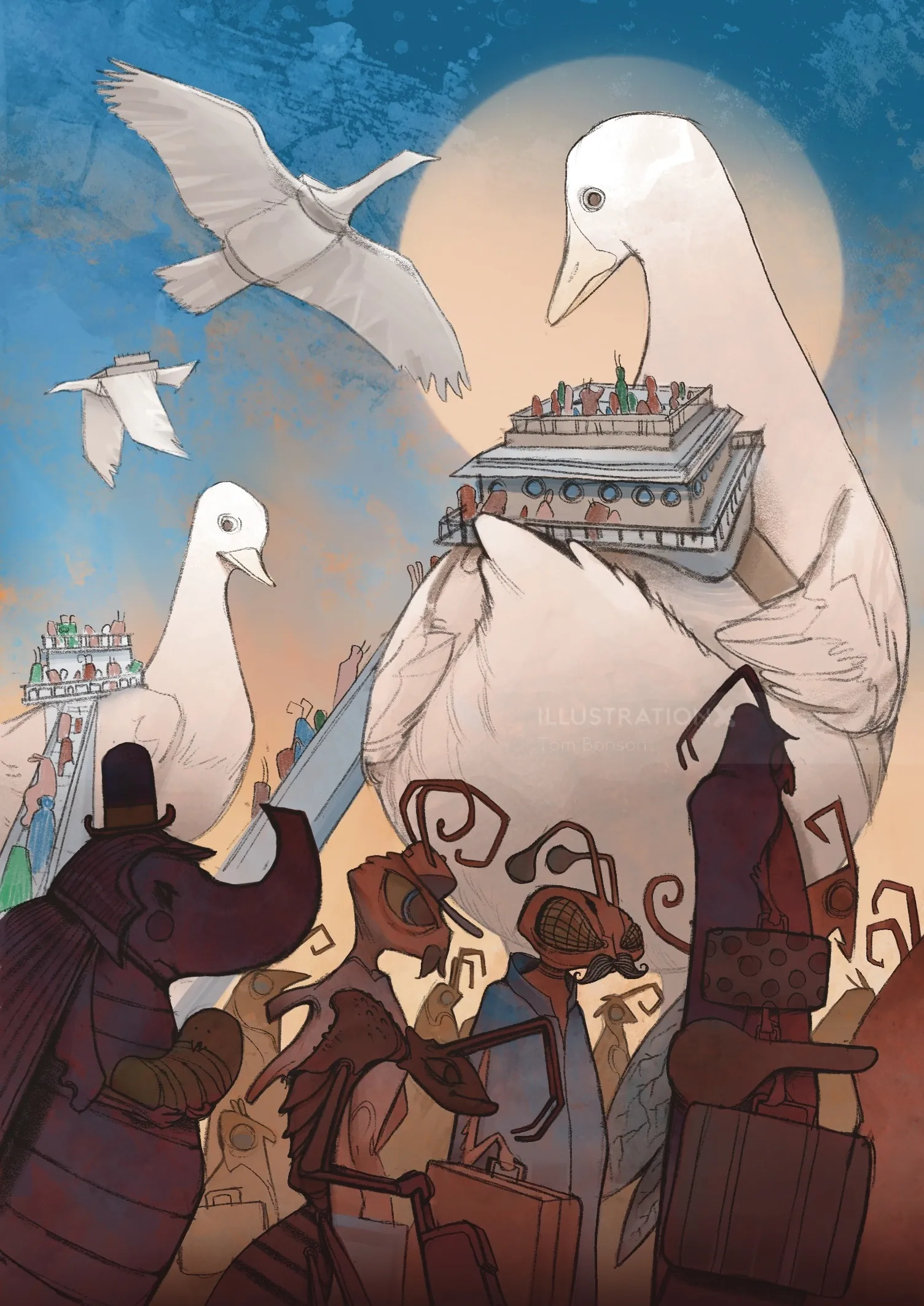 Palomas gigantes cargando edificios con personas, figuras parecidas a insectos debajo en una escena surrealista