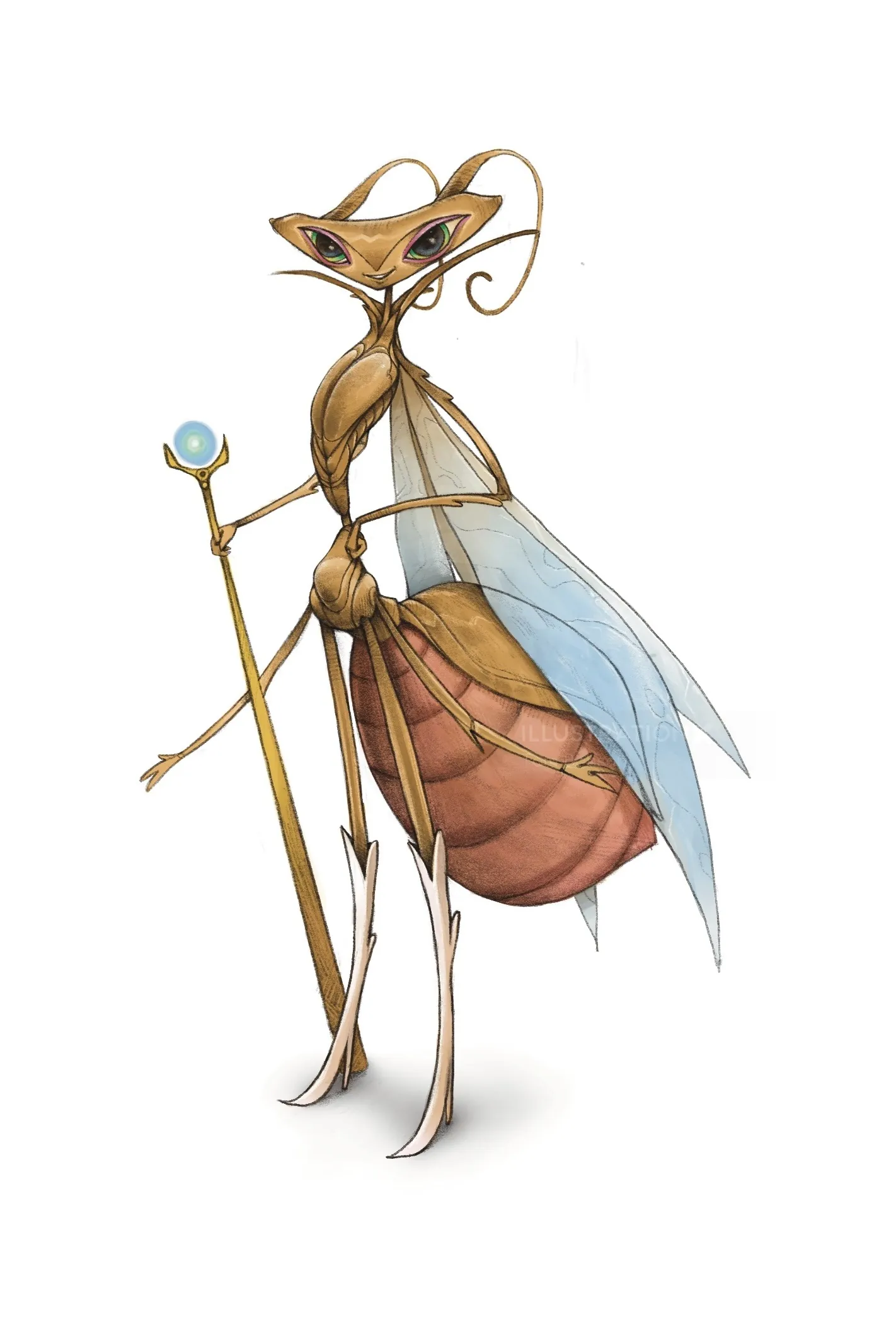 Anthropomorphic insect with glasses holding a staff and translucent wings