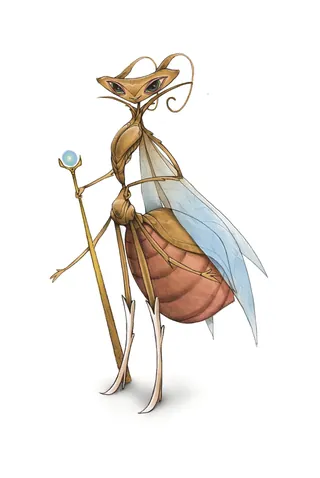 Anthropomorphic insect with glasses holding a staff and translucent wings