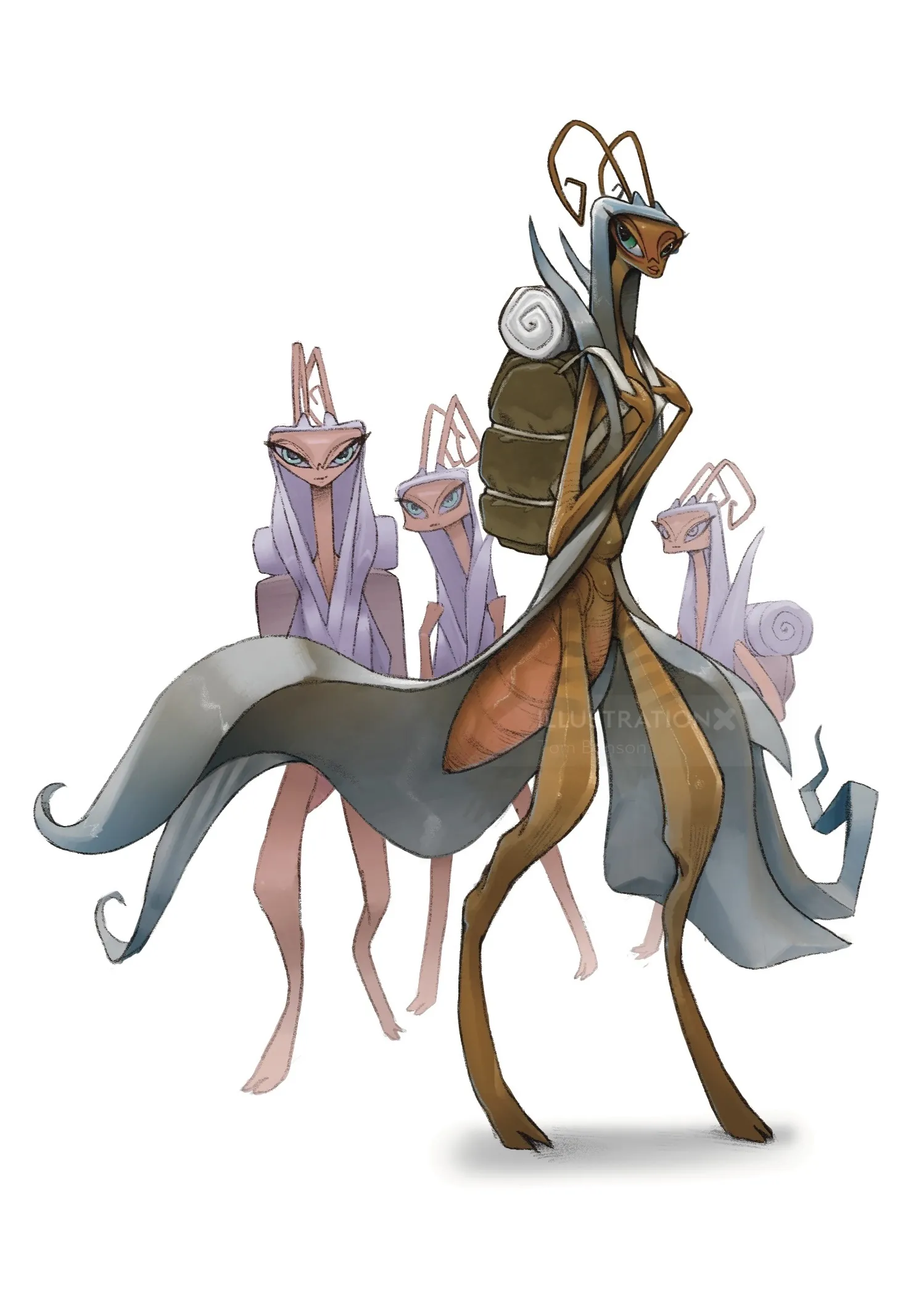Stylized insectoid humanoid characters in muted colors by Tom Bonson