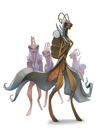 Stylized insectoid humanoid characters in muted colors by Tom Bonson