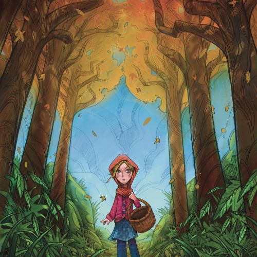 Girl wearing red hood with basket walking in autumn forest with falling leaves