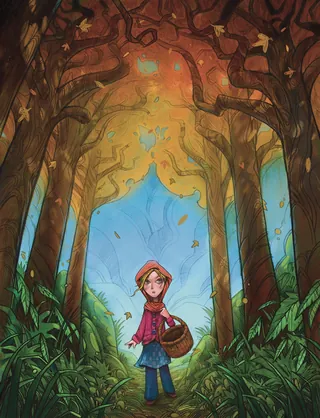 Girl wearing red hood with basket walking in autumn forest with falling leaves