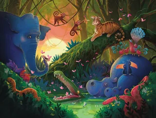 Jungle with elephant, tiger, monkey, crocodile, hippos at sunset