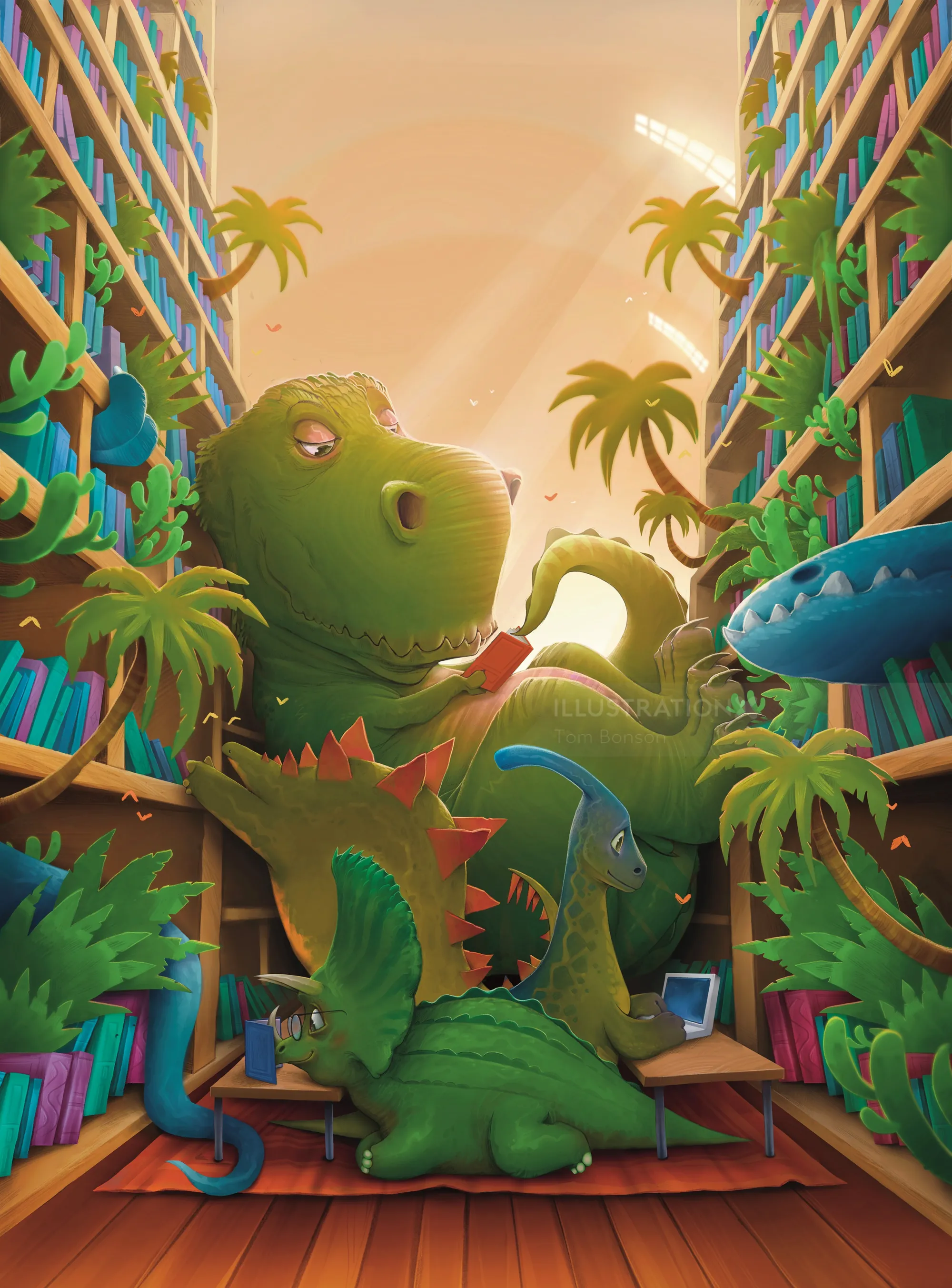 Dinosaurs in a futuristic city with tall buildings and palm trees at sunset