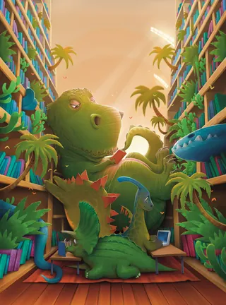 Dinosaurs in a futuristic city with tall buildings and palm trees at sunset