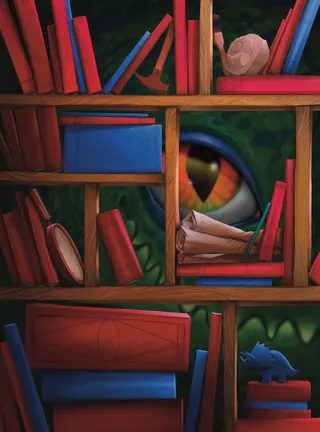 Dragon eye visible through bookshelves with stacked books and snail figurine