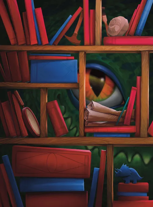 Dragon eye visible through bookshelves with stacked books and snail figurine