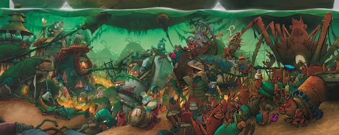 Gnome creatures gathered in a colorful forest village setting.