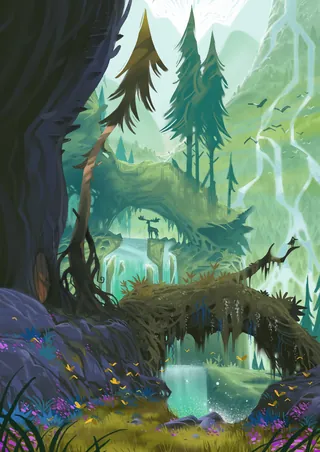 Forest landscape with deer, waterfalls, and natural arch bridges