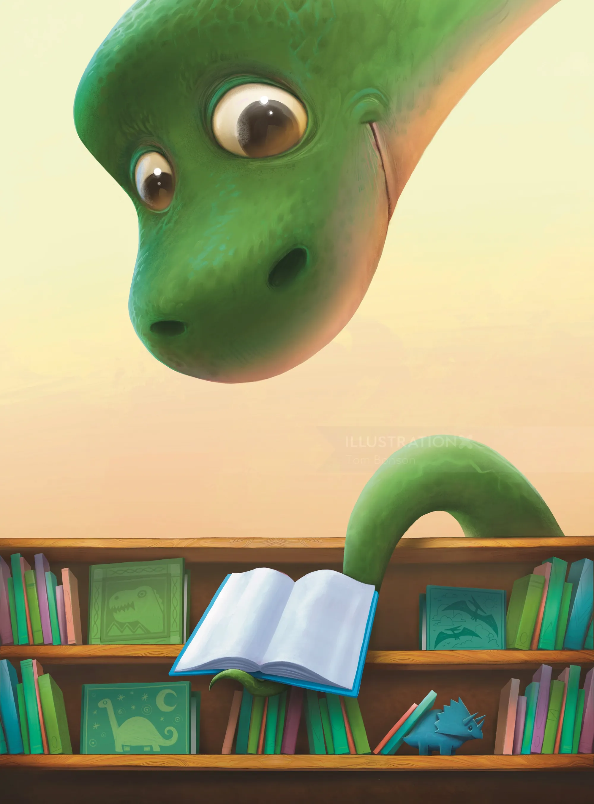 Dinosaurio verde mirando un libro abierto junto a una estantería.