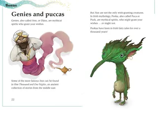 Illustrations of a genie and a pucca by Tom Bonson from a mythical creatures book
