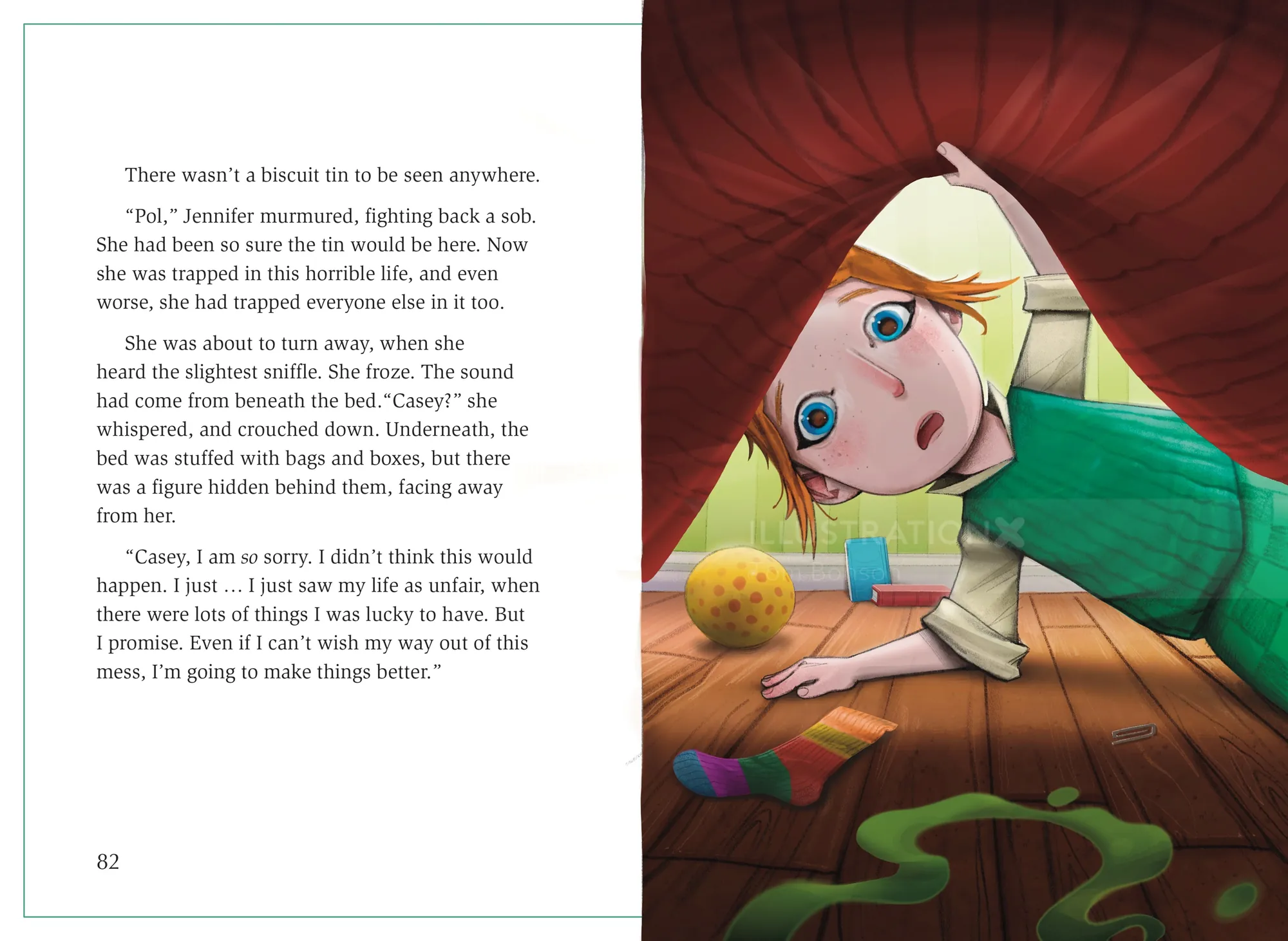 Illustration of girl crawling under bed with toys by Tom Bonson