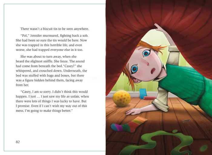 Illustration of girl crawling under bed with toys by Tom Bonson