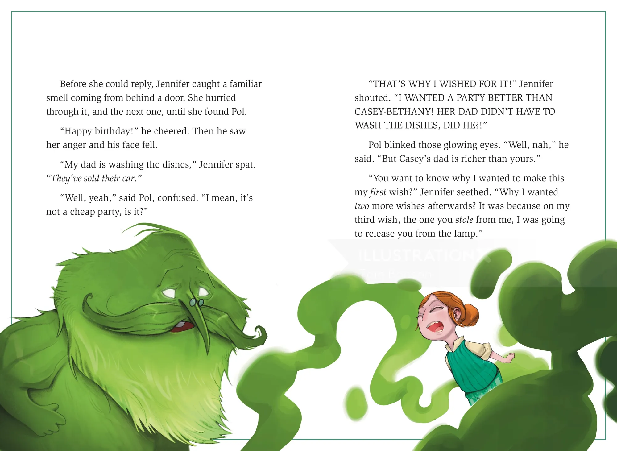 Niña gritándole a un monstruo verde sonriente en una colorida ilustración de Tom Bonson