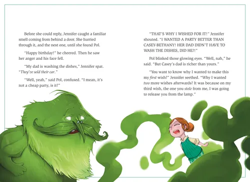 Girl yelling at a smiling green monster in a colorful illustration by Tom Bonson