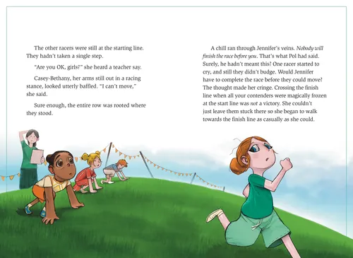 Children running a race toward the finish line, illustration by Tom Bonson