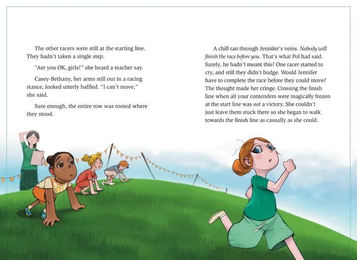 Children running a race toward the finish line, illustration by Tom Bonson