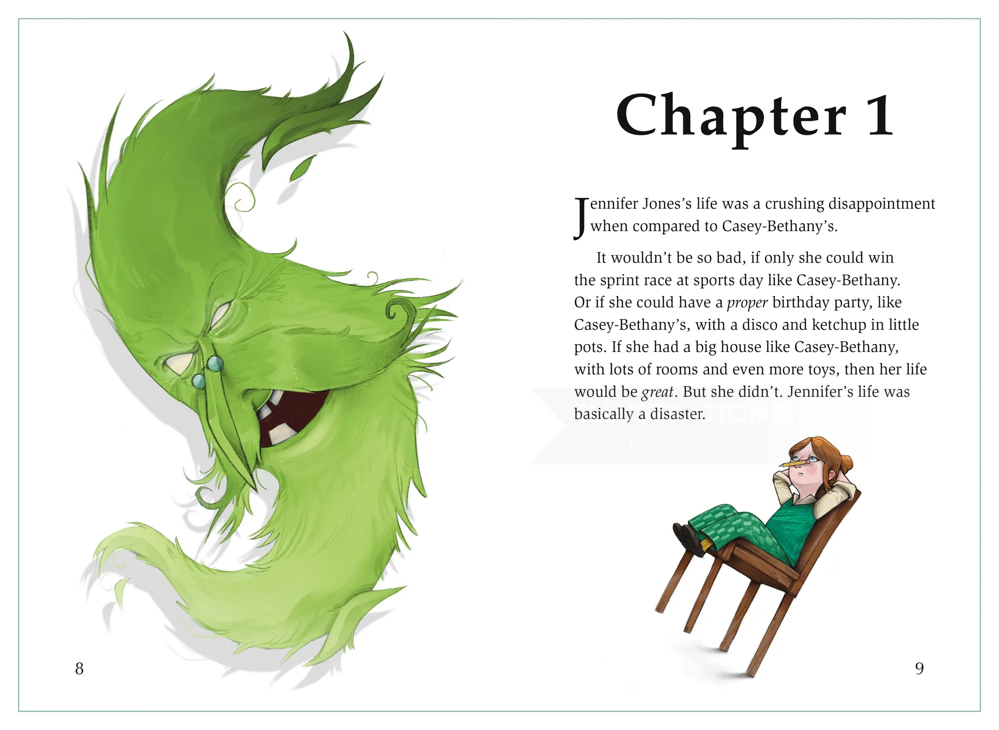 Child reading with green dragon illustration by Tom Bonson