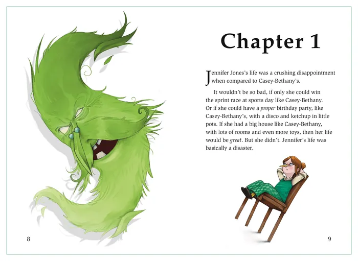 Child reading with green dragon illustration by Tom Bonson