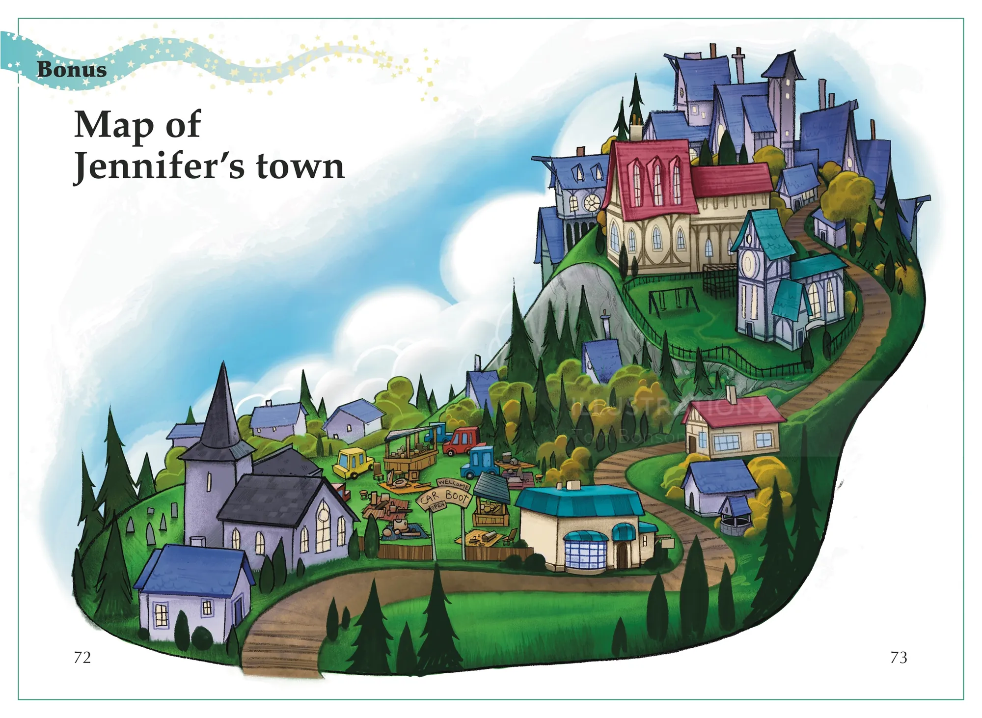 Illustrated colorful map of Jennifer’s town with buildings and castle by Tom Bonson