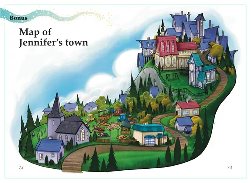 Illustrated colorful map of Jennifer’s town with buildings and castle by Tom Bonson