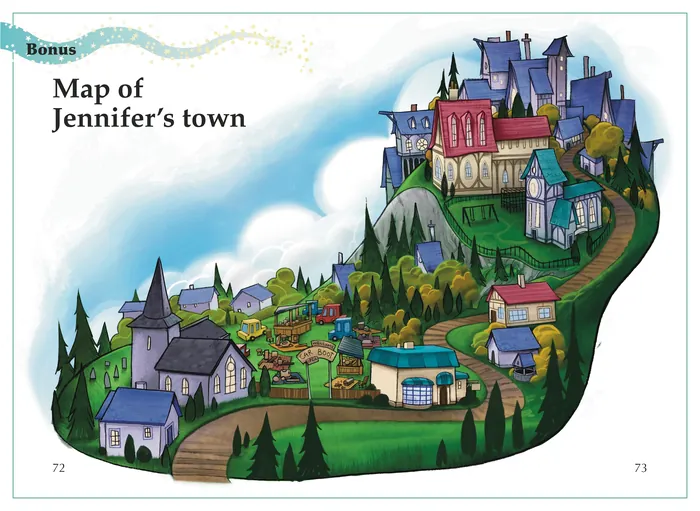 Illustrated colorful map of Jennifer’s town with buildings and castle by Tom Bonson