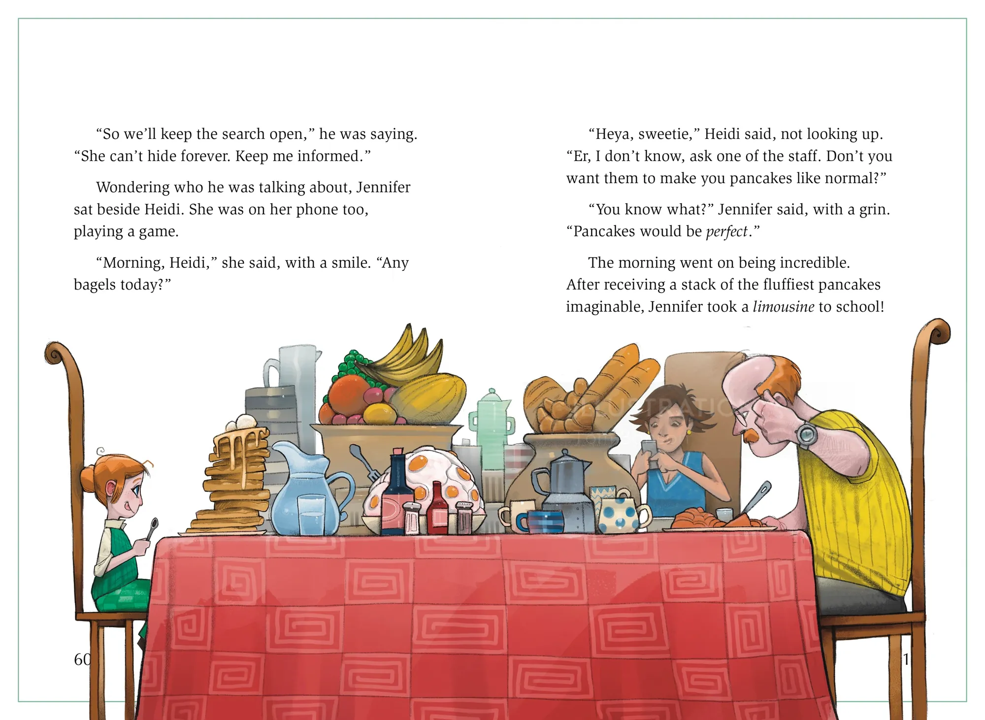 Familie versammelt sich um den Frühstückstisch mit Essen, Illustration von Tom Bonson