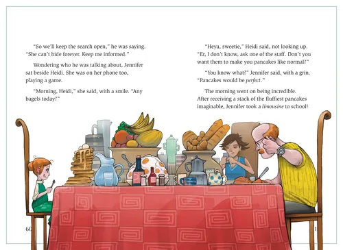 Family gathered around breakfast table with food, illustration by Tom Bonson
