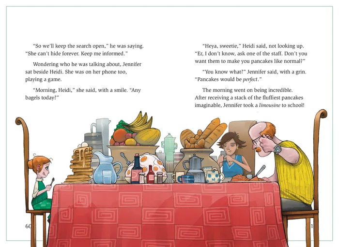 Family gathered around breakfast table with food, illustration by Tom Bonson