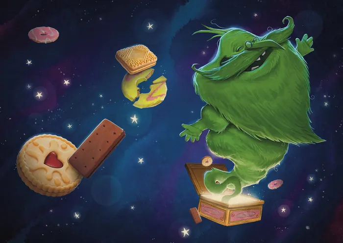 Green monster floating in space with cookies and treasure chest by Tom Bonson