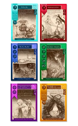 Fantasy game cards featuring characters and creatures, illustrated by Tom Bonson
