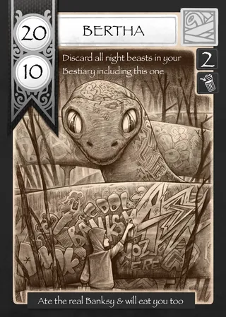 Bertha fantasy beast card illustration by Tom Bonson showing creature and game details
