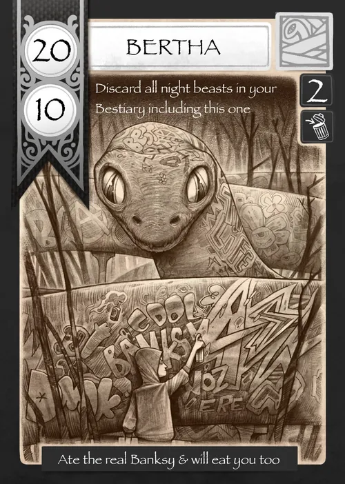Bertha fantasy beast card illustration by Tom Bonson showing creature and game details