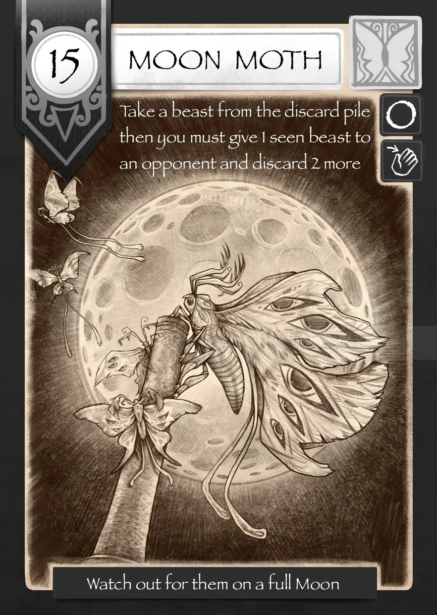 Moon Moth game card illustration with full moon and game instructions by Tom Bonson