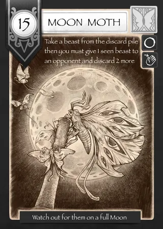 Moon Moth game card illustration with full moon and game instructions by Tom Bonson
