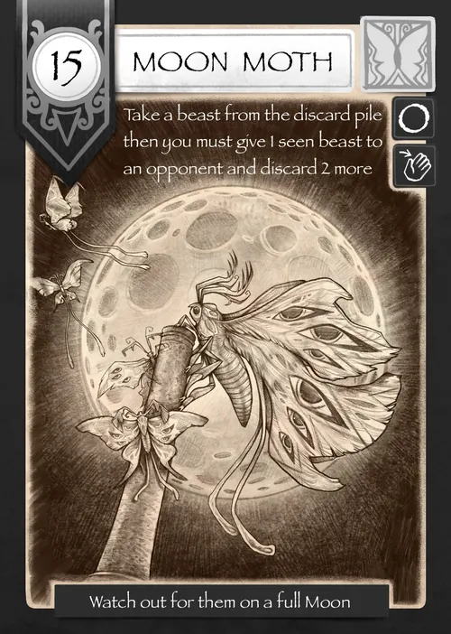 Moon Moth game card illustration with full moon and game instructions by Tom Bonson