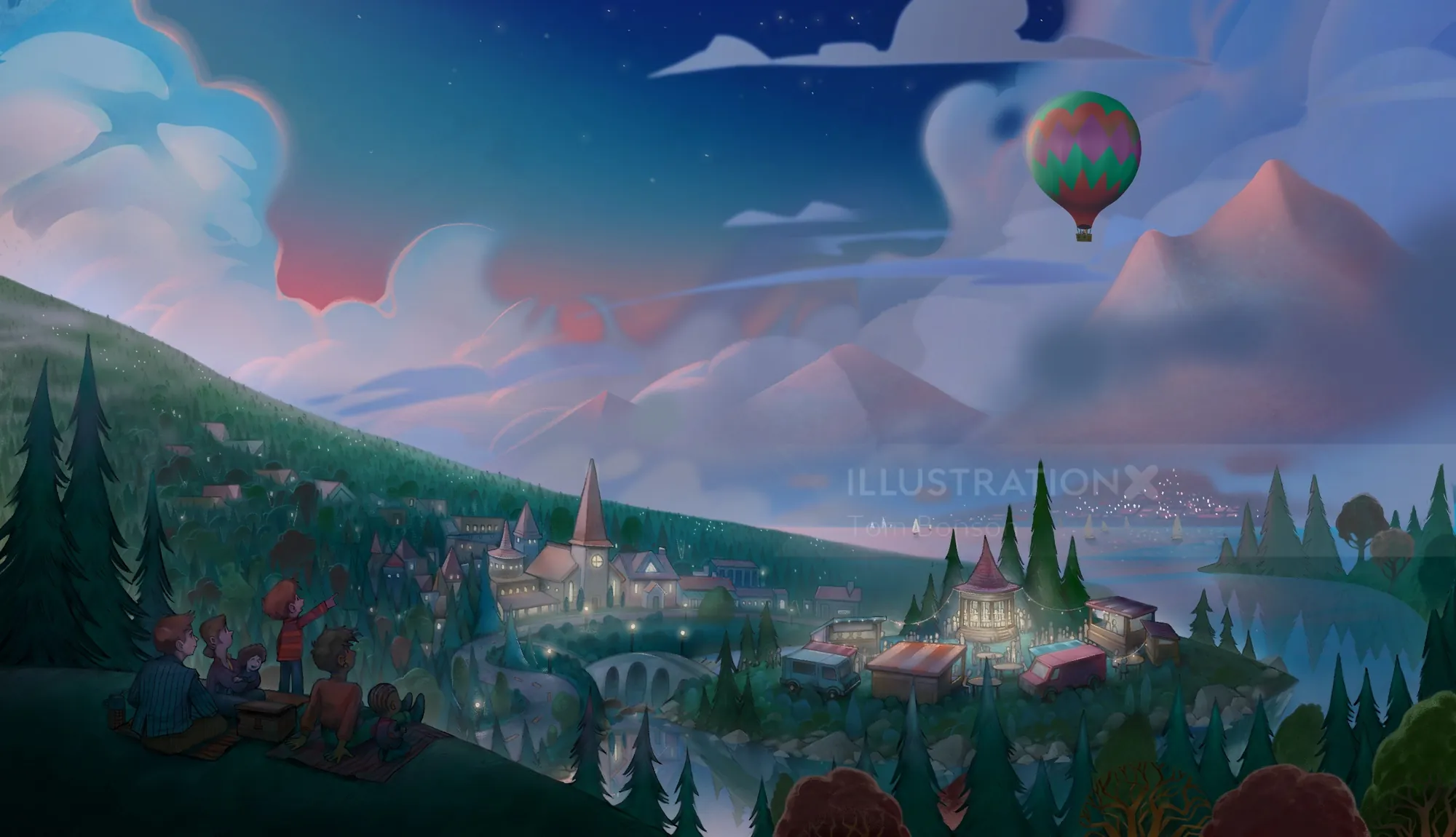 Night landscape with town and hot air balloon by Tom Bonson